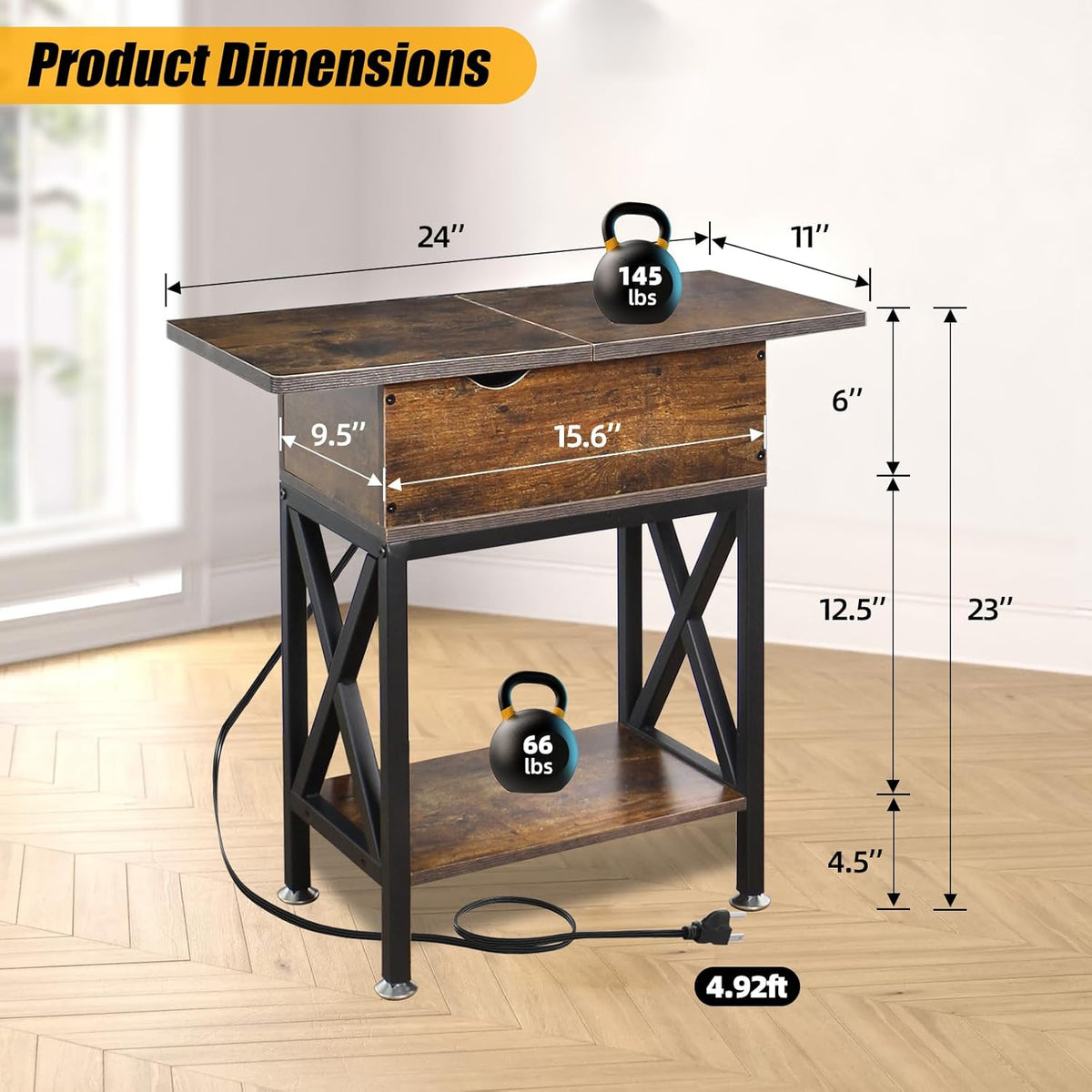 TooCust End Tables Living Room Set of 2, Side Table with Charging Station Flip Top, 11"D x 24"W x 23"H, Narrow Side Table with 5.3" Deep Drawer, Couch End Tables Set of 2, Steel X-Frame, Rustic Brown