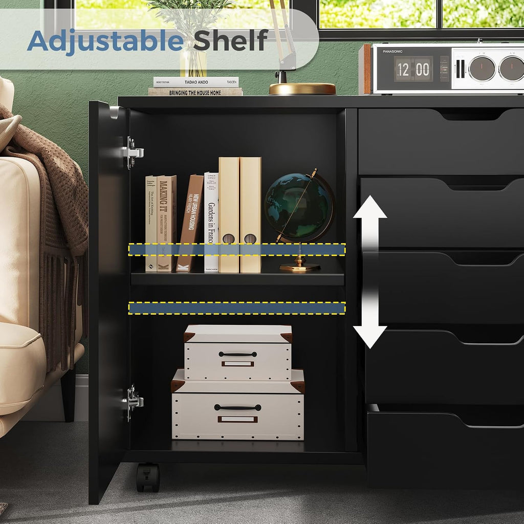 DUMOS 5-Drawer Mobile File Cabinet, Wooden Printer Stand with Storage | Under Desk Cabinets with Adjustable Shelf & Wheels for Home Office Organizer Storage Craft Room, Black