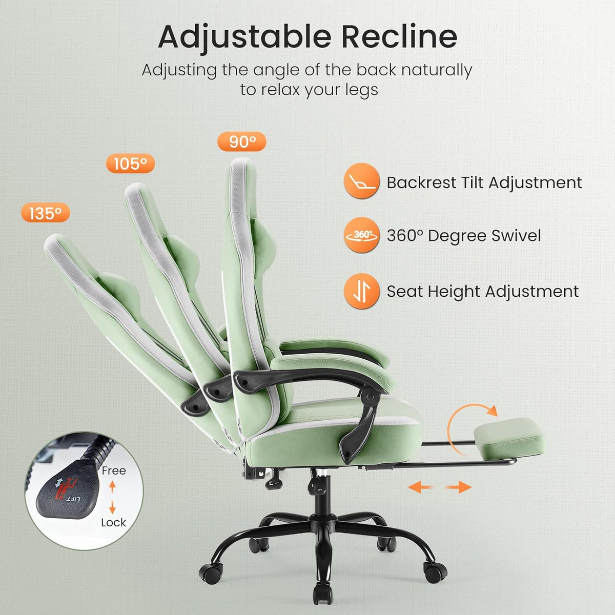 Sweetcrispy Gaming Chair, Ergonomic Computer Desk Chair, Lumbar Support | High Back Ergonomic Footrest, Height Adjustable Linkage Armrests Headrest, 360 Swivel Wheels Fabric, Green