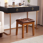Ottoman Vanity Wooden Stool with Padded Seat, Faux Leather Brown | Square Wood Accent Dining Makeup Piano Stool with Button-Tufted Padded Upholstered Seat & Wood Legs for Living Room Bathroom