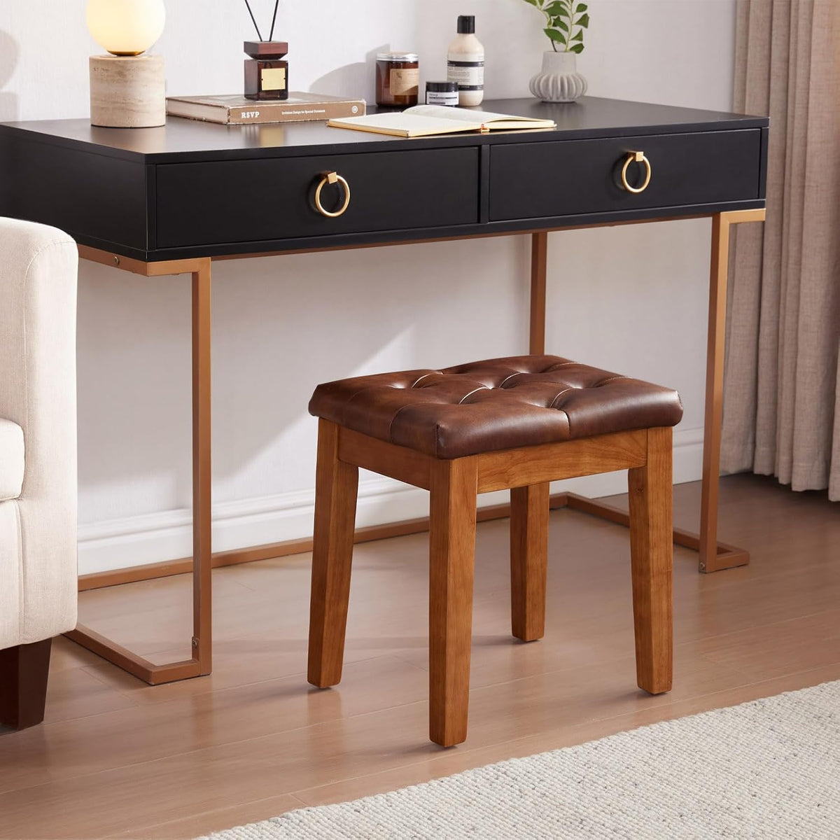 Ottoman Vanity Wooden Stool with Padded Seat, Faux Leather Brown | Square Wood Accent Dining Makeup Piano Stool with Button-Tufted Padded Upholstered Seat & Wood Legs for Living Room Bathroom