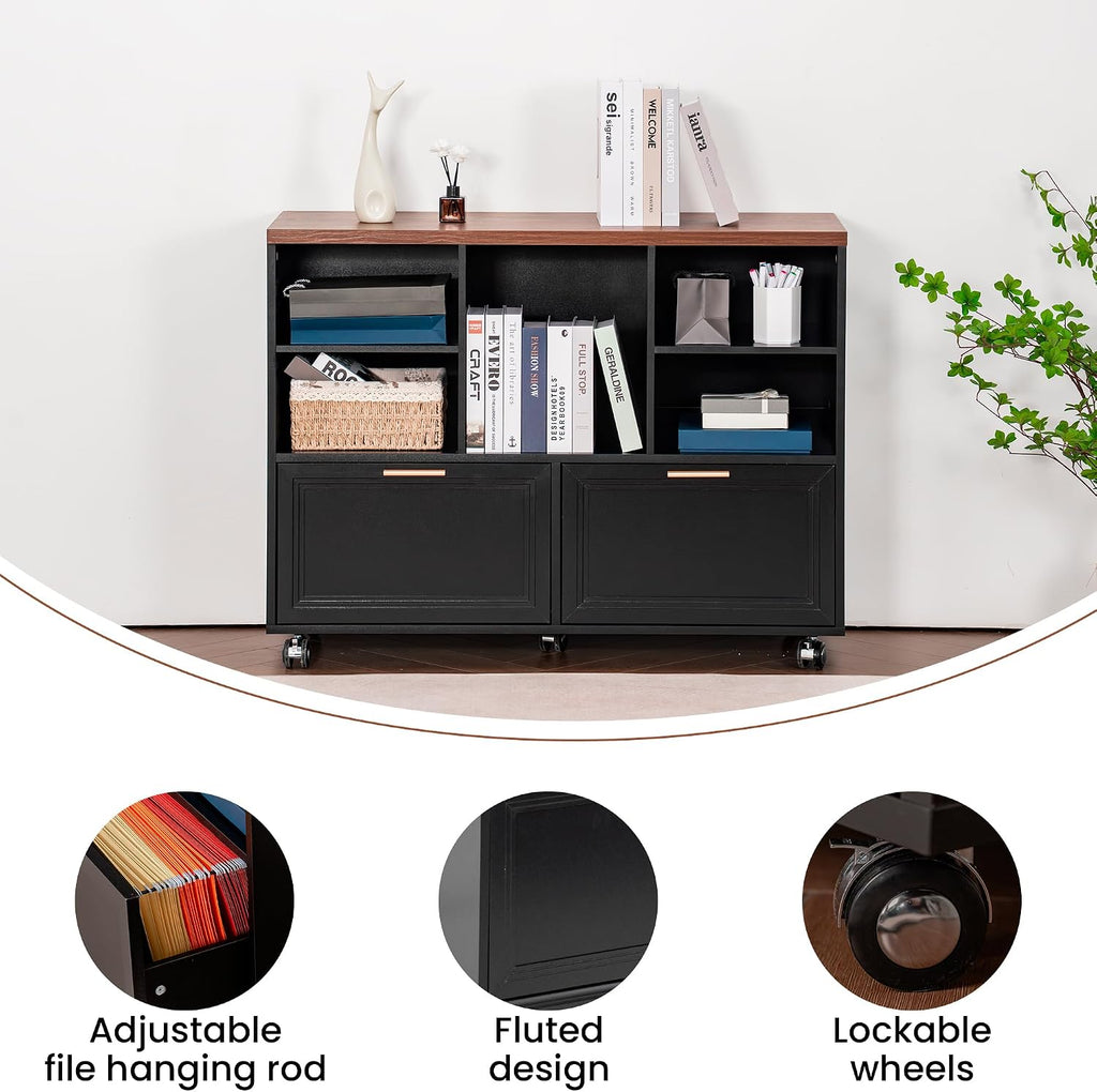 40" Lateral File Cabinet,Farmhouse Wood Small Home Office Storage with Wheels,Filing Cabinet with 2 Drawers for Legal/Letter/ A4 Size