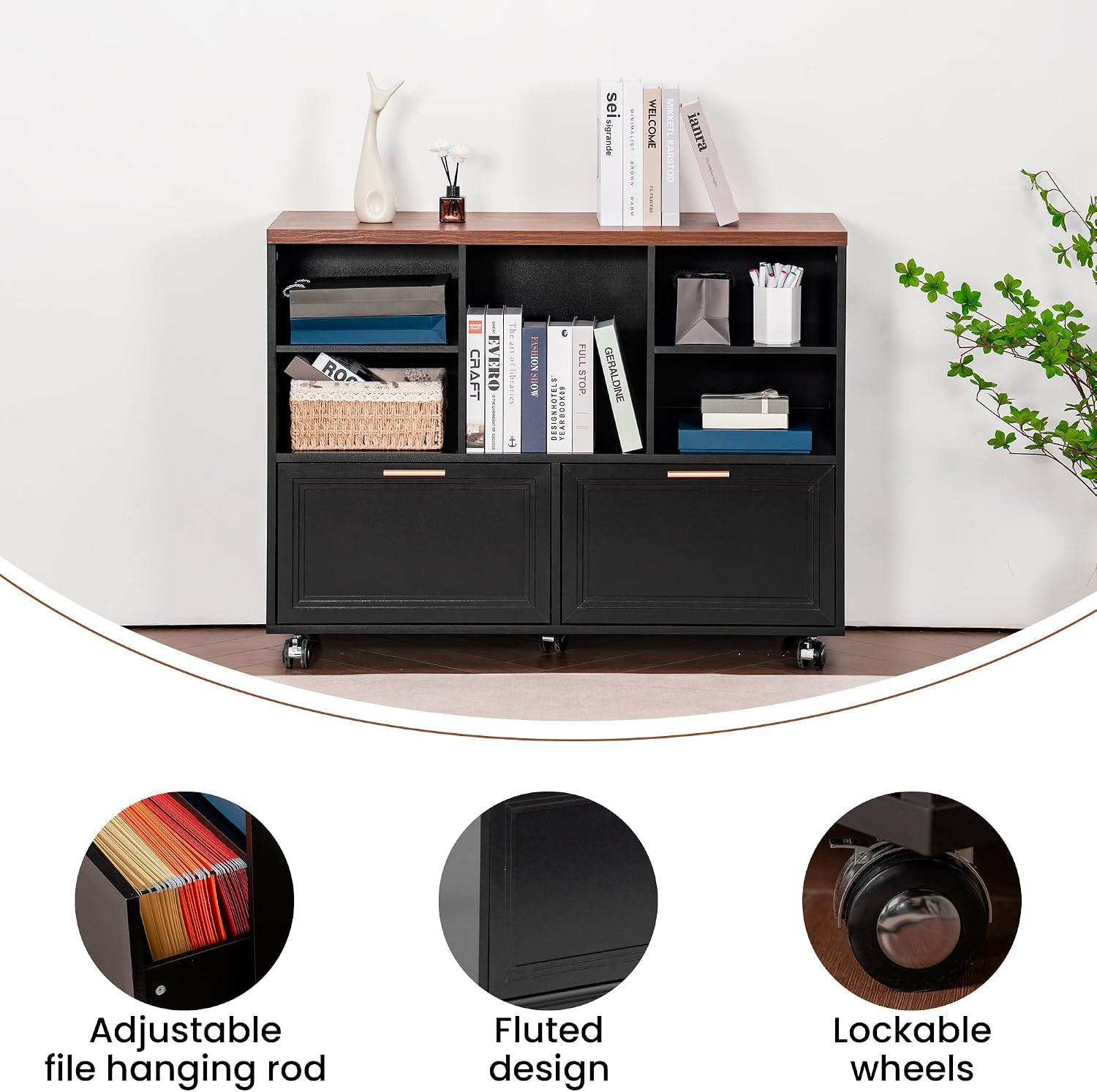 40" Lateral File Cabinet,Farmhouse Wood Small Home Office Storage with Wheels,Filing Cabinet with 2 Drawers for Legal/Letter/ A4 Size