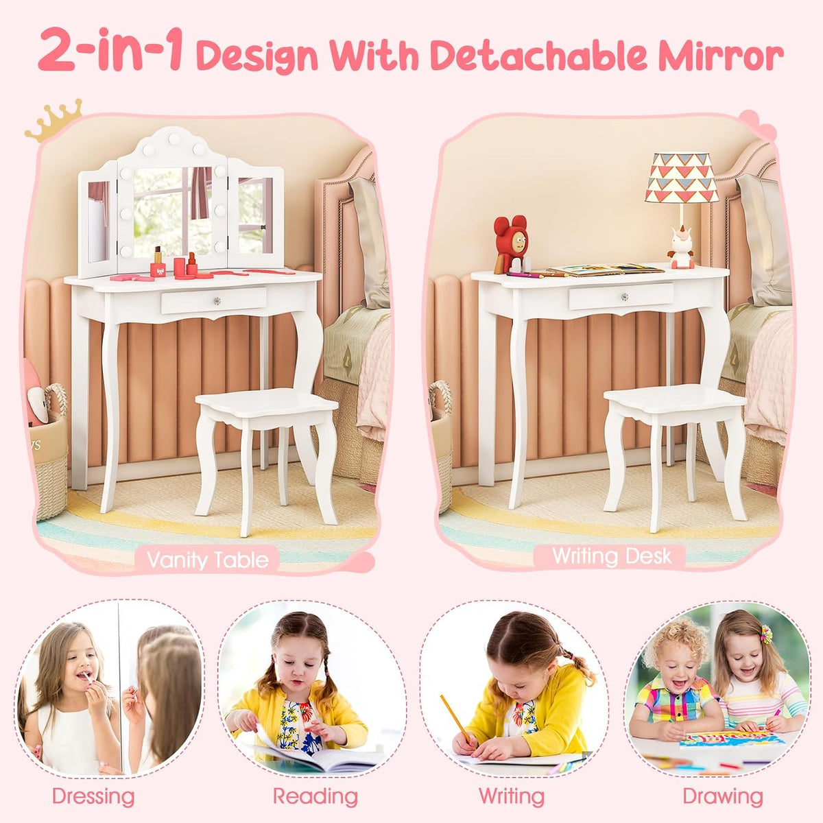 HONEY JOY Kids Vanity Set with Lighted Mirror, 2 in 1 Princess Toddler Dressing Table w/Tri-Fold Mirror & Drawer, Wooden Makeup Table & Chair Set, Pretend Play Vanity Set for Little Girls (White)