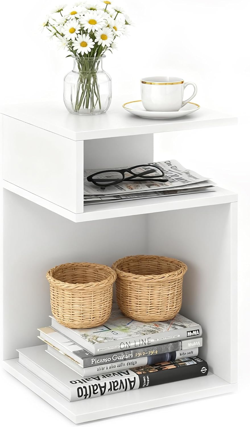 LDAILY S-Shaped Side Table, 3-Tier Narrow Bedside Table with 2 Open Storage Shelves, Modern Sofa End Table, Wooden Nightstand for Living Room, Bedroom & Small Spaces, Easy Assembly, White (1)