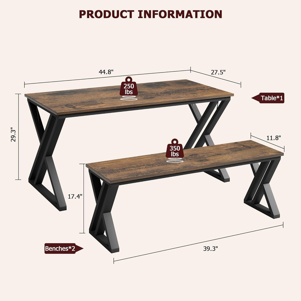 GarveeHome Kitchen Table with 2 Benches, Dining Table Set for 4, Saving Space Dining Room Table Set for Kitchen, Dining Room, Apartment, Sturdy Metal Frame, Vintage Brown