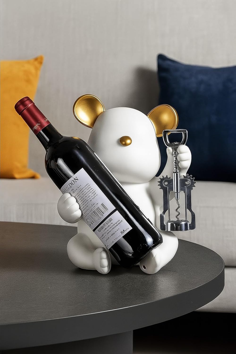 Bear Wine Bottle Holder, White with Gold Accents, Decorative Tabletop Wine Rack, Single Bottle