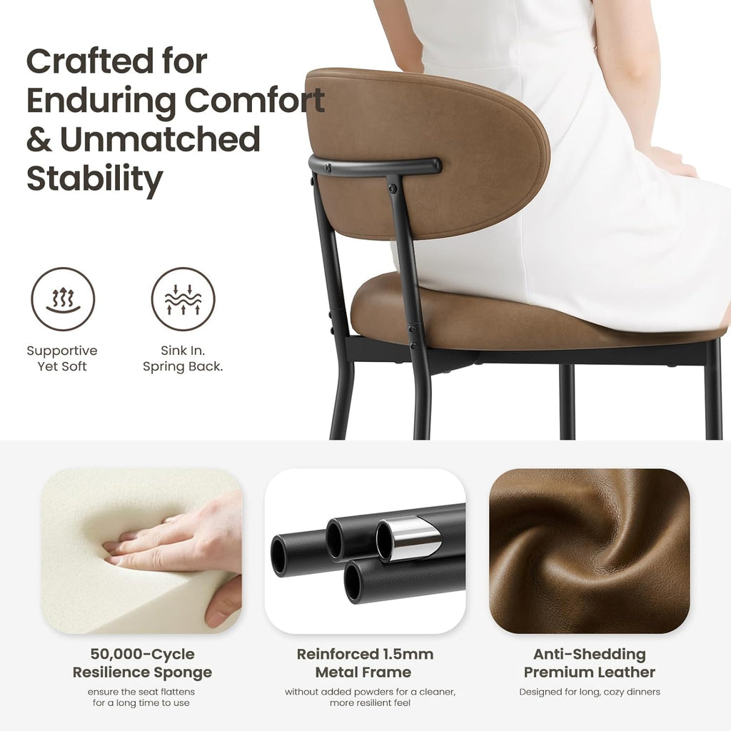 Upholstered Dining Chairs Set of 6, Modern Faux Leather Kitchen Chairs with Curved Backrest and Cushioned Seat, Sturdy Metal Legs, Modern Dining Chairs for Kitchen Dining Room, Living Room,Brown