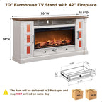 OKD 70" Farmhouse TV Stand with 42" Electric Fireplace, Antique White | 36" Tall, Glass Door Side Cabinets with LED, Open Cubby, Storage Drawers, Cable Management, Media Console for Living Room