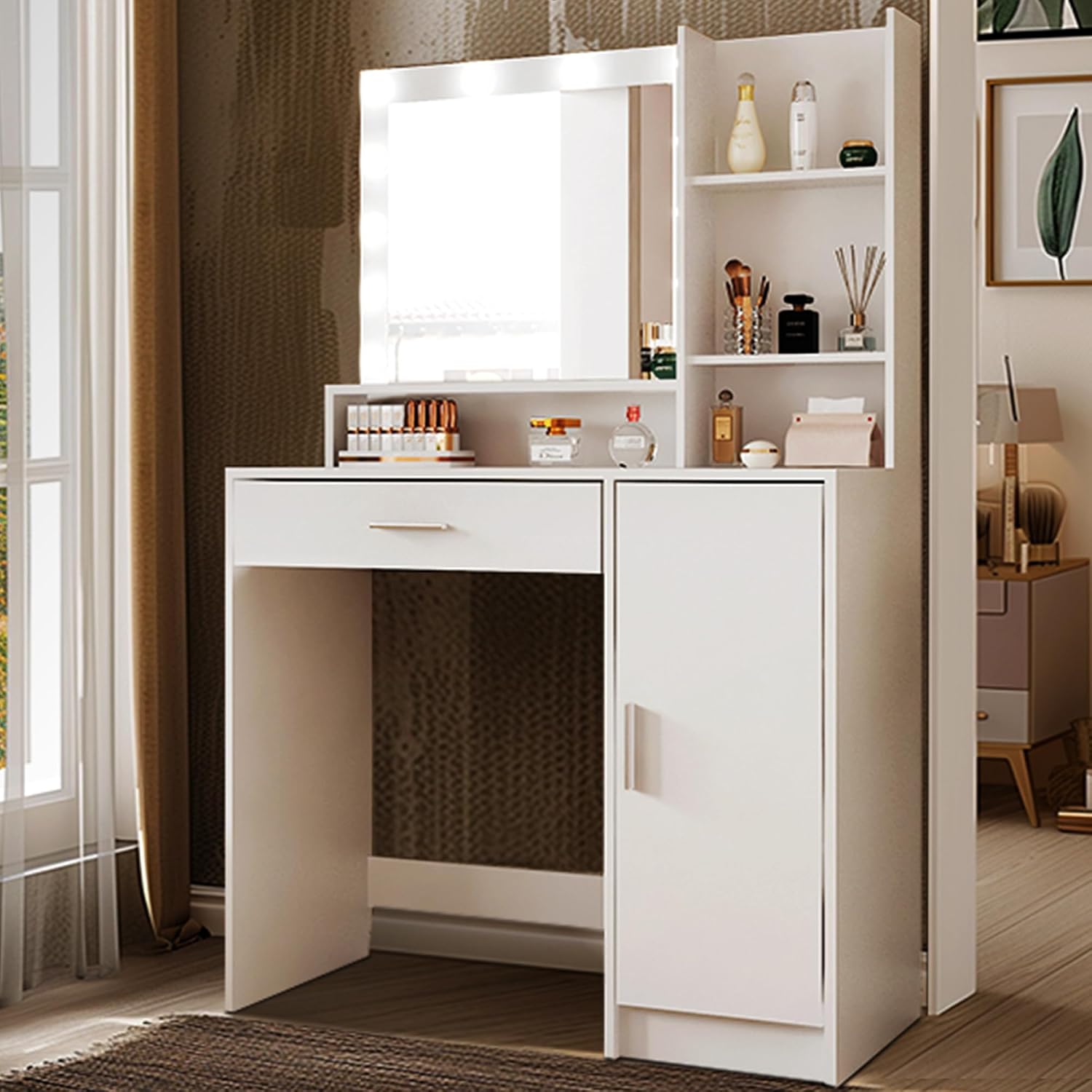 Palimder Vanity Desk with Mirror & Light, Large Drawer Three Level Storage Dresser, 3 Lighting Modes Adjustable Brightness, Bedroom Dressing Table