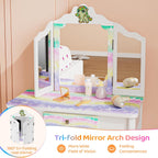JOYMOR Luminous Unicorn Kids Vanity, 2-in-1 Toddler Vanity, w/Tri-Fold Mirror, 1 Drawer, Kids Vanity Table and Chair Set for Girls, Perfect Birthday