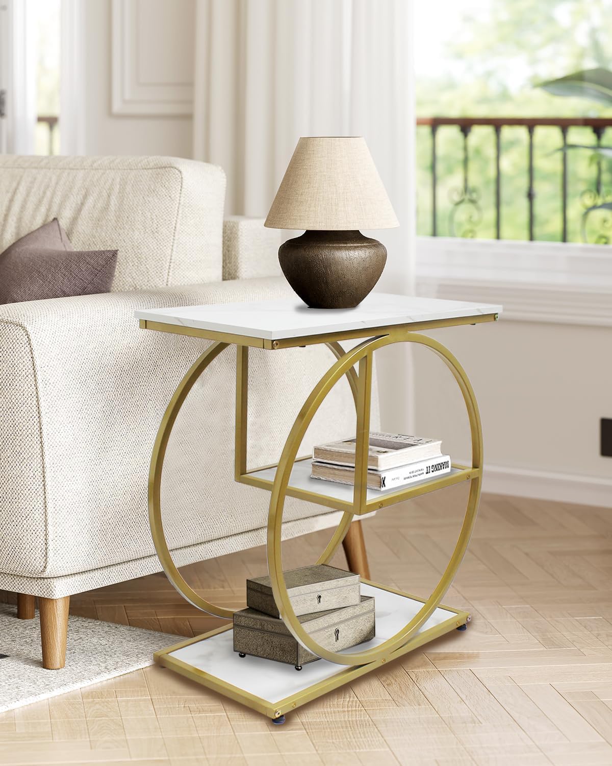 AT-VALY Pair of 2 Side Table with Storage Shelves,3-Tier End Table, Small Sofa Side Table for Living Room, Bedroom (Gold)