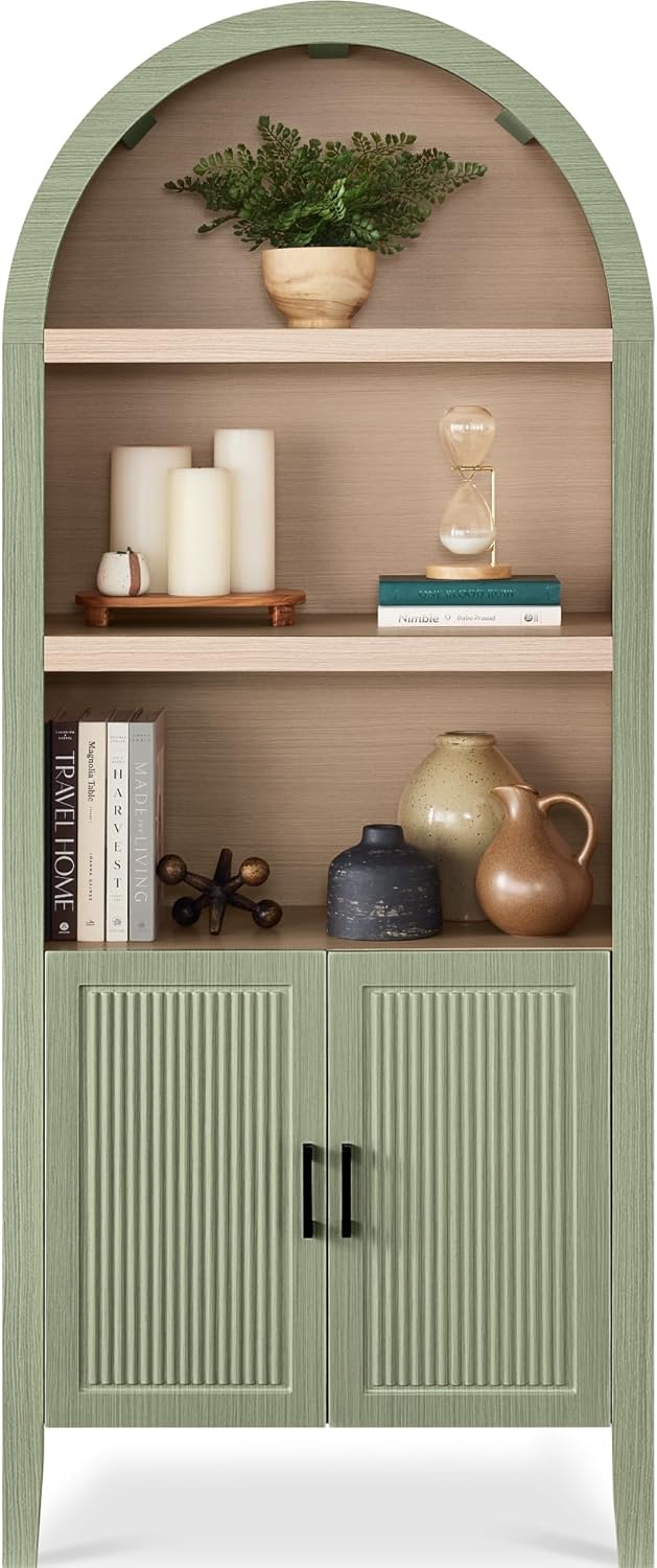 Best Choice Products 72" Tall Arched Pantry Cabinet w/Reeded Doors, 5-Tier Bookshelf, Armoire, Hutch, Bookcase, Storage Cabinet w/Adjustable Shelves, for Dining Room and Livingroom - Sage
