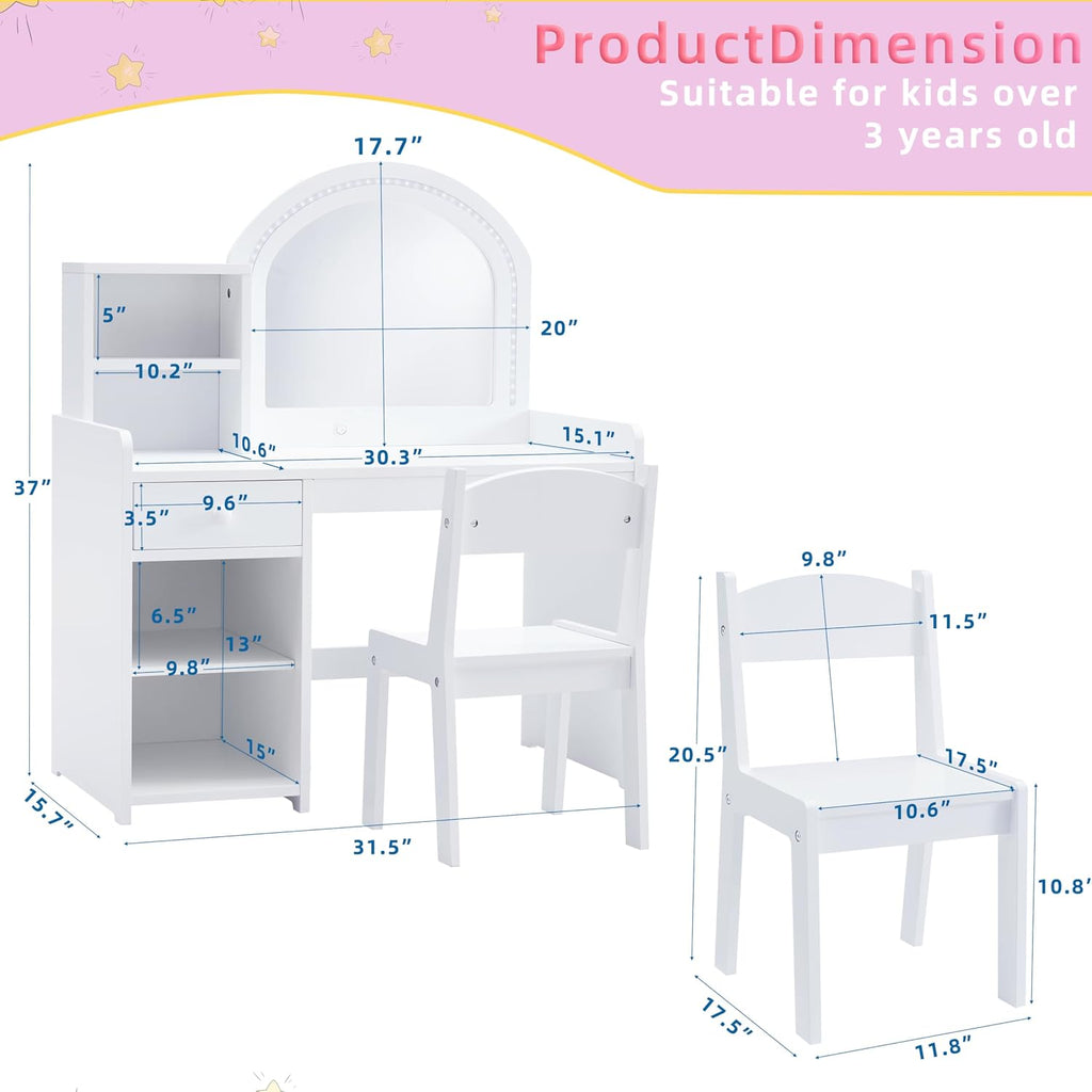 Kids Vanity with Lights, Vanity Set with Drawer and Storage Shelves, 2 in 1 Toddler Vanity with Lighted Mirror, Girls Vanity Set with Stool for Little Girls (White)