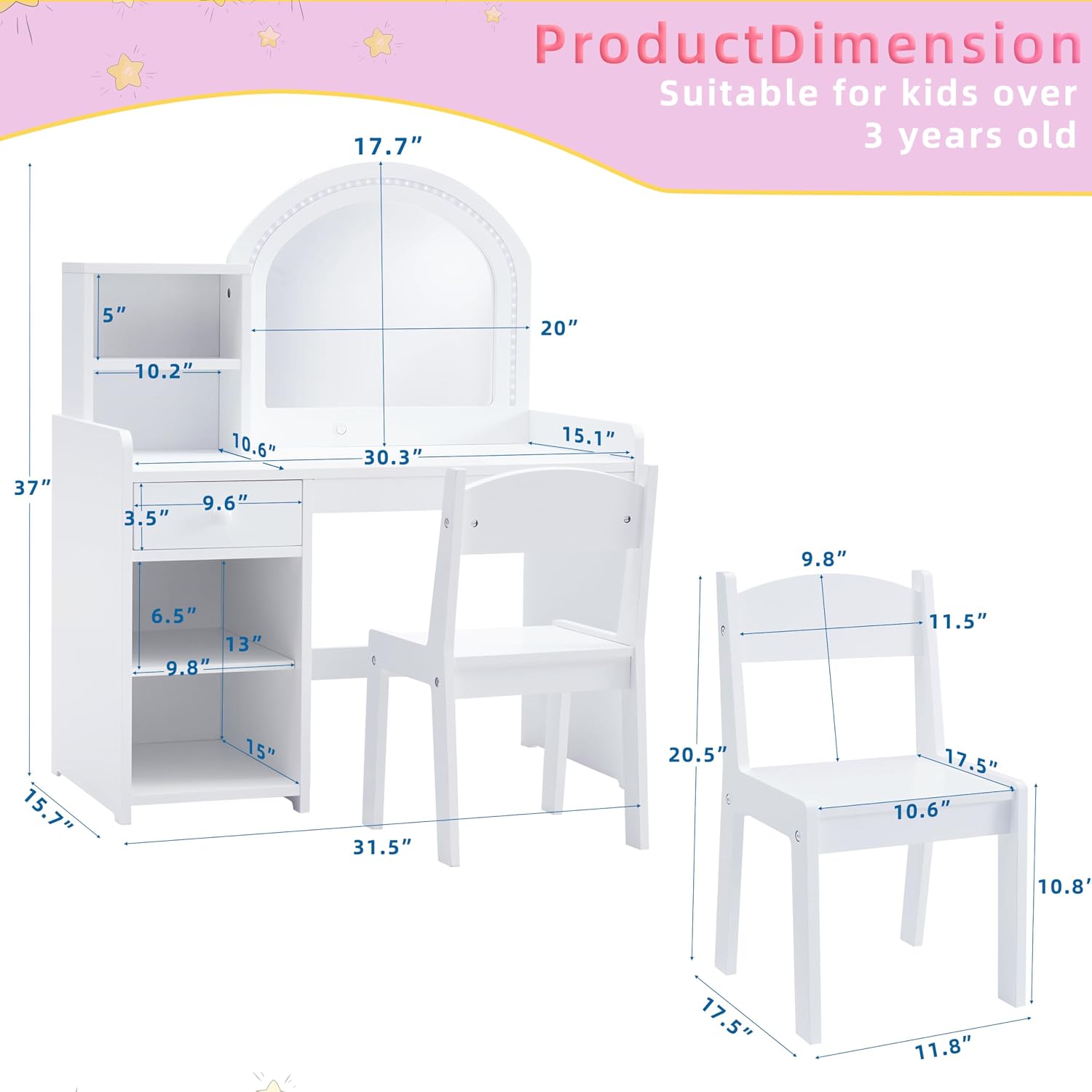 Kids Vanity with Lights, Vanity Set with Drawer and Storage Shelves, 2 in 1 Toddler Vanity with Lighted Mirror, Girls Vanity Set with Stool for Little Girls (White)