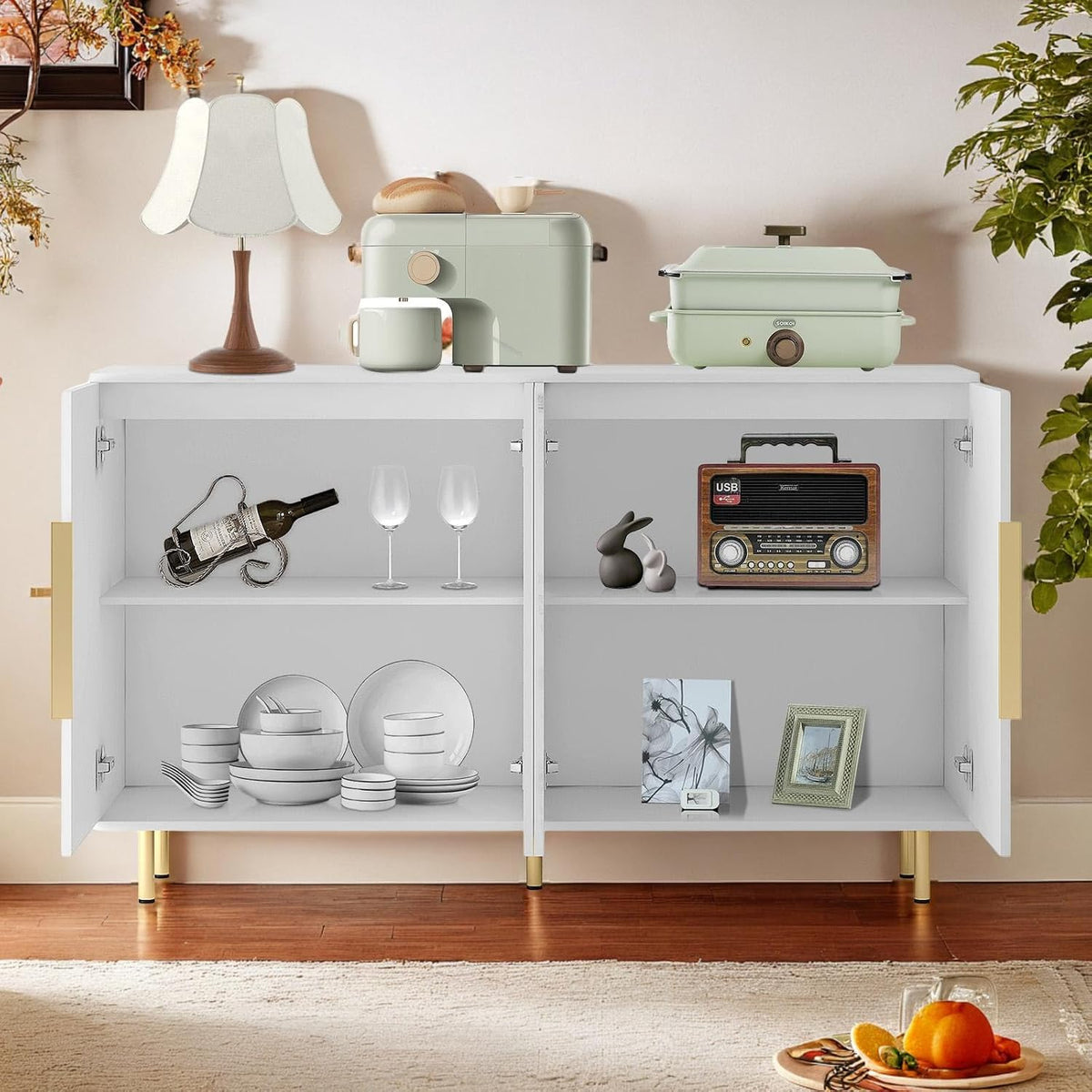 Sideboard Cabinet, 56" Large Buffet with Storage, Wood Credenza with 4 Fluted Doors and Adjustable Shelves, for Living Room, Kitchen, Entryway, White