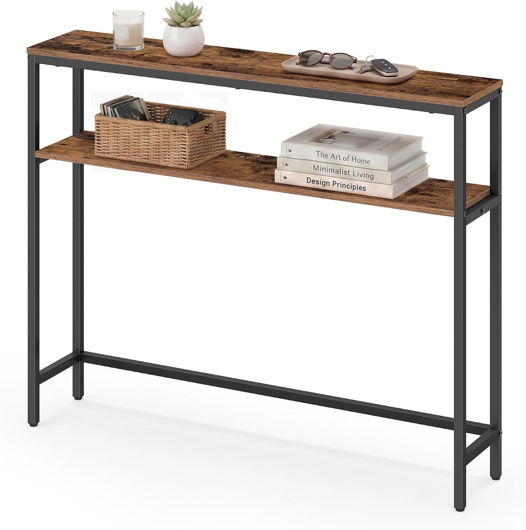 VASAGLE 39.4 Inches Console Table, 2-Tier Narrow Sofa Table with 2 Shelves | Modern Entry Table, 7.9 x 39.4 x 31.5, for Living Room, Bedroom, Rustic Brown and Ink Black BARNET Collection ULNT131K01V1