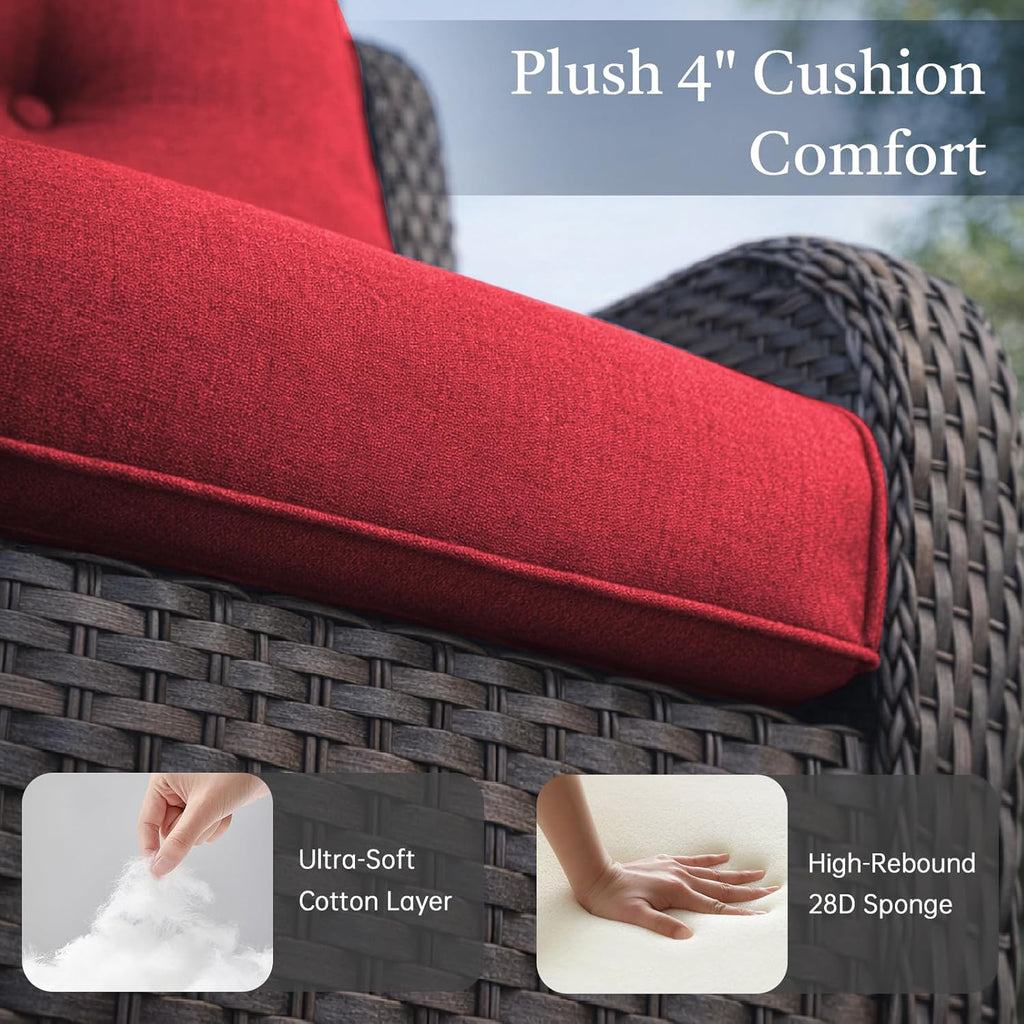 Outdoor Swivel Rocker Patio Chairs with Side Table 3 Pieces PE Wicker Patio Furniture Set for Porch Deck Balcony Garden-Brown/Red