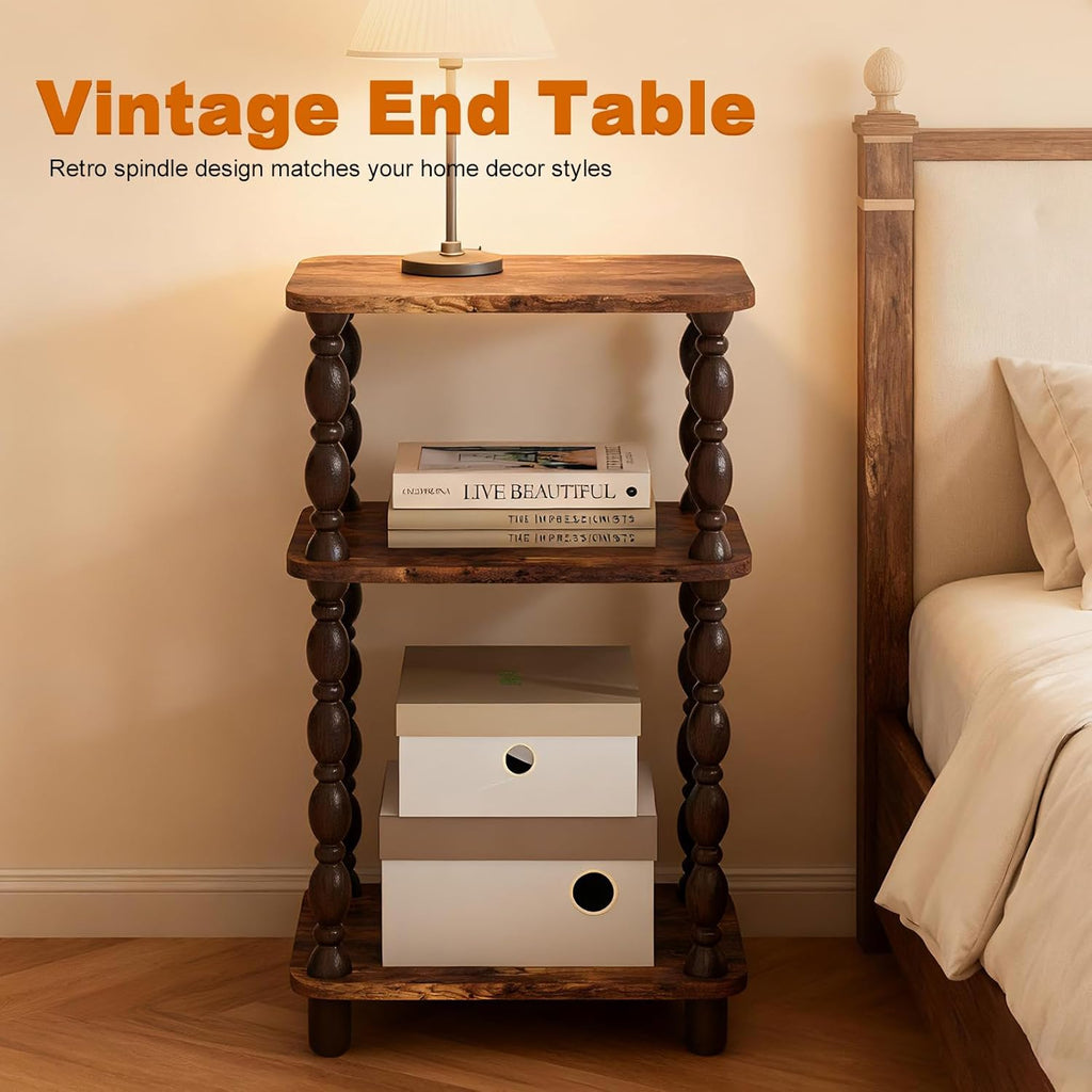 Retro End Table, 3-Tier Small Side Table, Narrow Couch Side Table for Small Spaces, Farmhouse End Table, Modern Accent Table, Skinny Bedside Table Nightstand for Bedroom, Living Room (Rustic Brown)