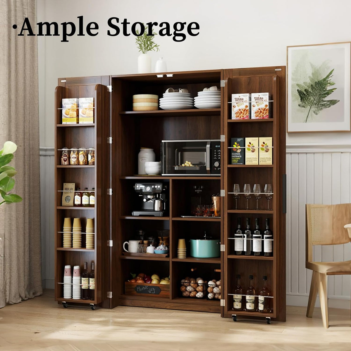22 in Deep Kitchen Pantry Storage Cabinet with Door Shelving Walnut | 180° Doors with Bottom Rollers, Adjustable Shelves