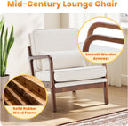 DUMOS Mid Century Modern Accent Chair, 16'' Seat Height Cozy Lounge Chair | Upholstered Armchair with Waist Cushion and Wood Frame for Living Room, Bedroom, Reading Nook, Balcony, Ivory White