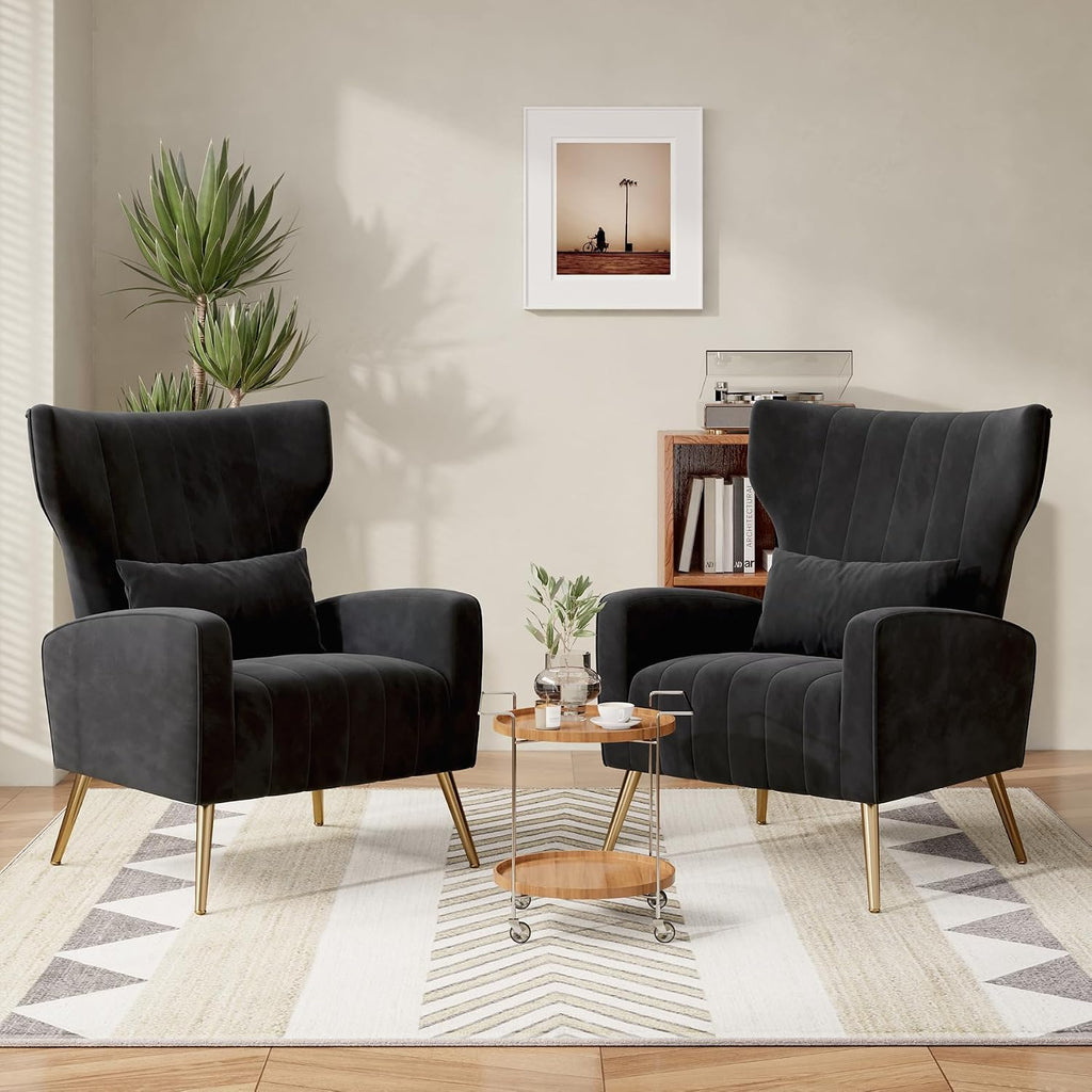 Nebuaegis Black Velvet Accent Chair Set of 2, Wingback Chair for Living Room, High Back Arm Chair with Golden Legs Lumbar Pillow, Upholstered Single Sofa Bedroom