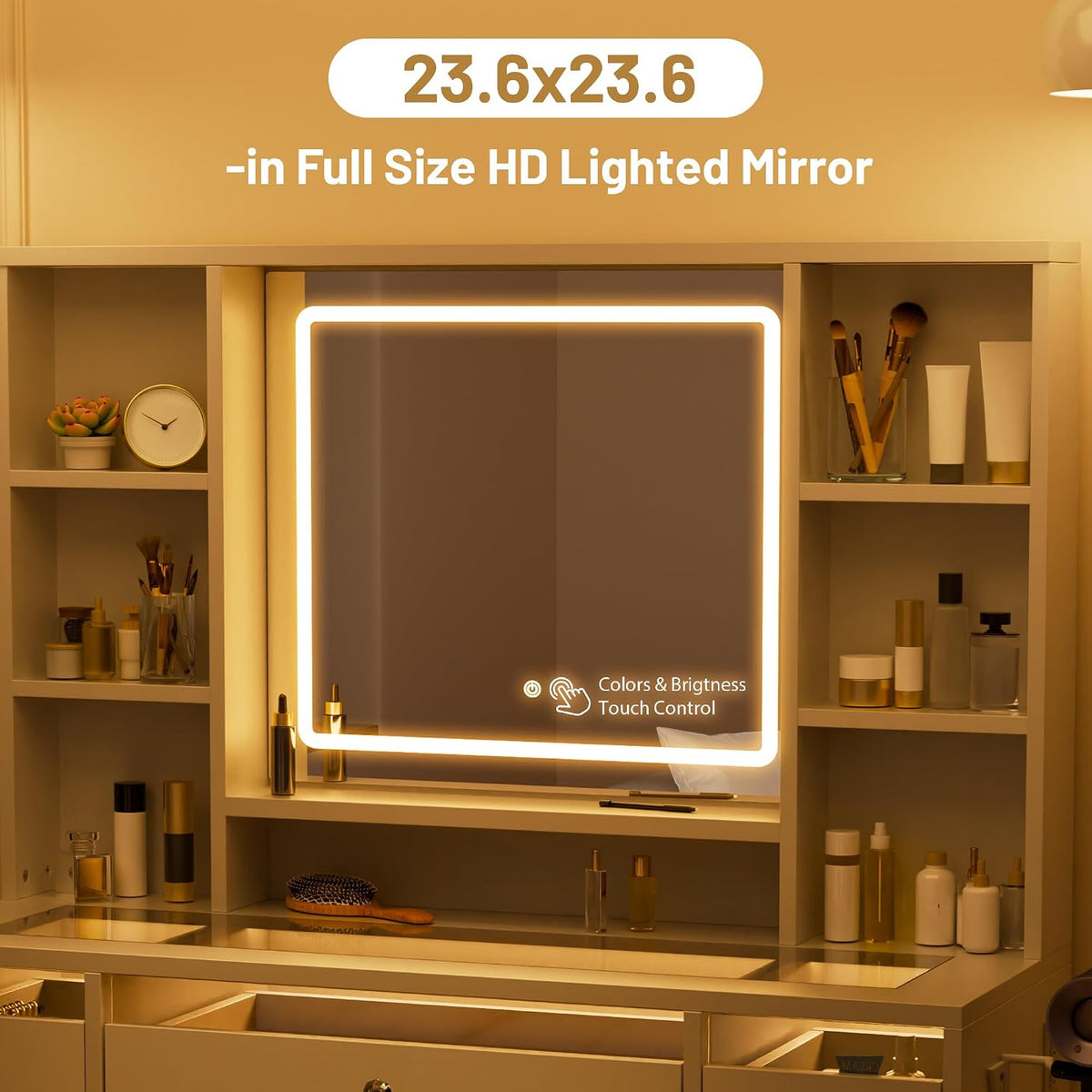 LIVELYGLOW 43.3" White Large Makeup Vanity Desk with Glass Top & RGB Lights