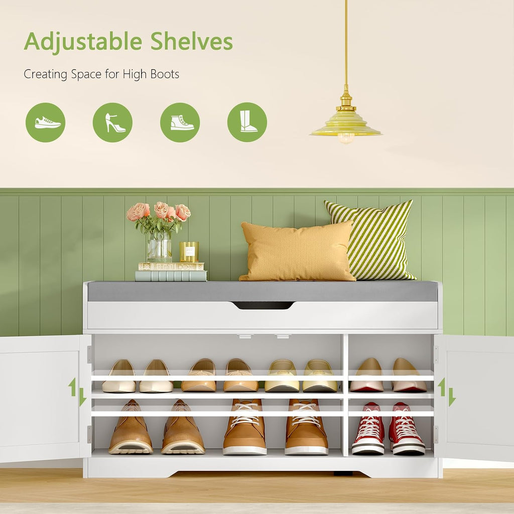TEENFON 2-Tier Storage Bench, Shoe Bench with Adjustable Shelf & Lift Top Storage, Entryway Bench with Cushioned Seat,13.8"D x 36.2"W x 19.7"H, Shoe Organizer for Entryway, Living Room, Bedroom, White