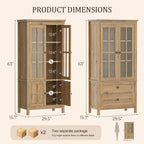 63" Tall Kitchen Pantry Cabinet Set of 2, Farmhouse Wood Storage Cabinet | Freestanding Kitchen Hutch Cupboard with 2 Drawers & Glass Doors & Adjustable Shelves for Dining Living Room (Yellow Oak)