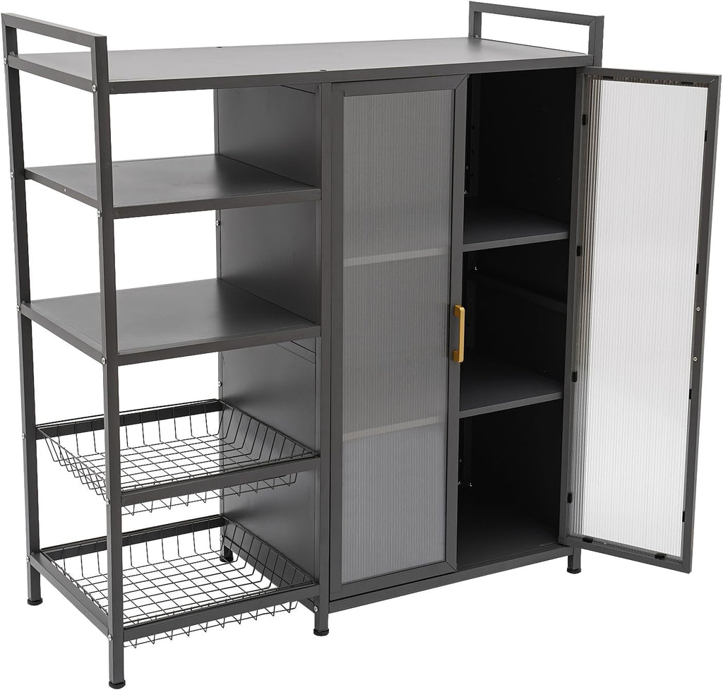 Kitchen Pantry Cabinet with Clear Doors, Metal Sideboard with Open Storage Shelf and Baskets Floor-Standing Organizer for Dining Room Living Room Bar