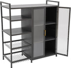 Kitchen Pantry Cabinet with Clear Doors, Metal Sideboard with Open Storage Shelf and Baskets Floor-Standing Organizer for Dining Room Living Room Bar