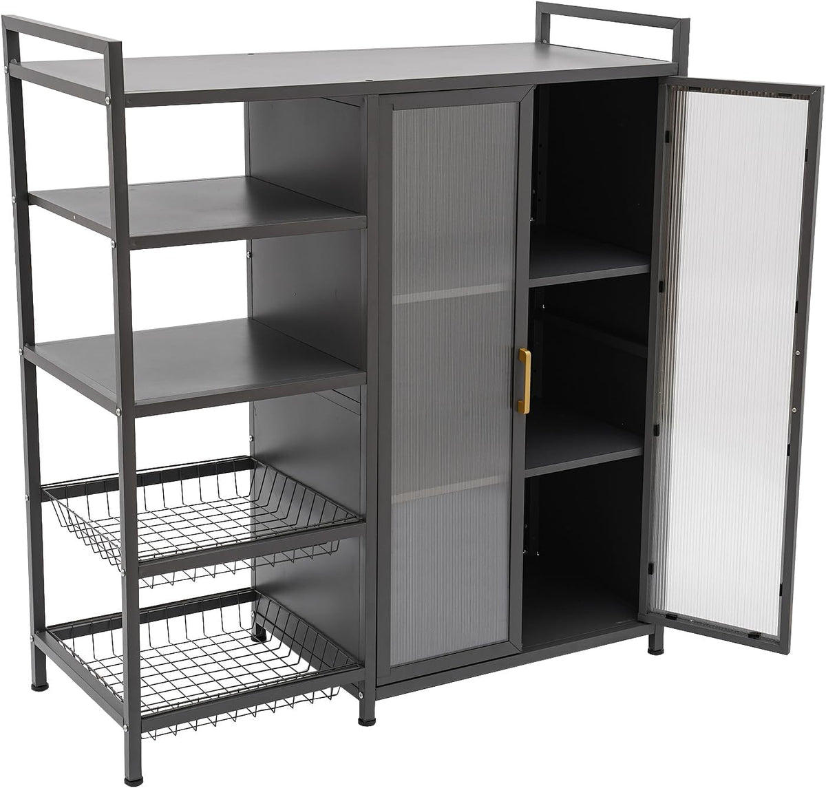 Kitchen Pantry Cabinet with Clear Doors, Metal Sideboard with Open Storage Shelf and Baskets Floor-Standing Organizer for Dining Room Living Room Bar