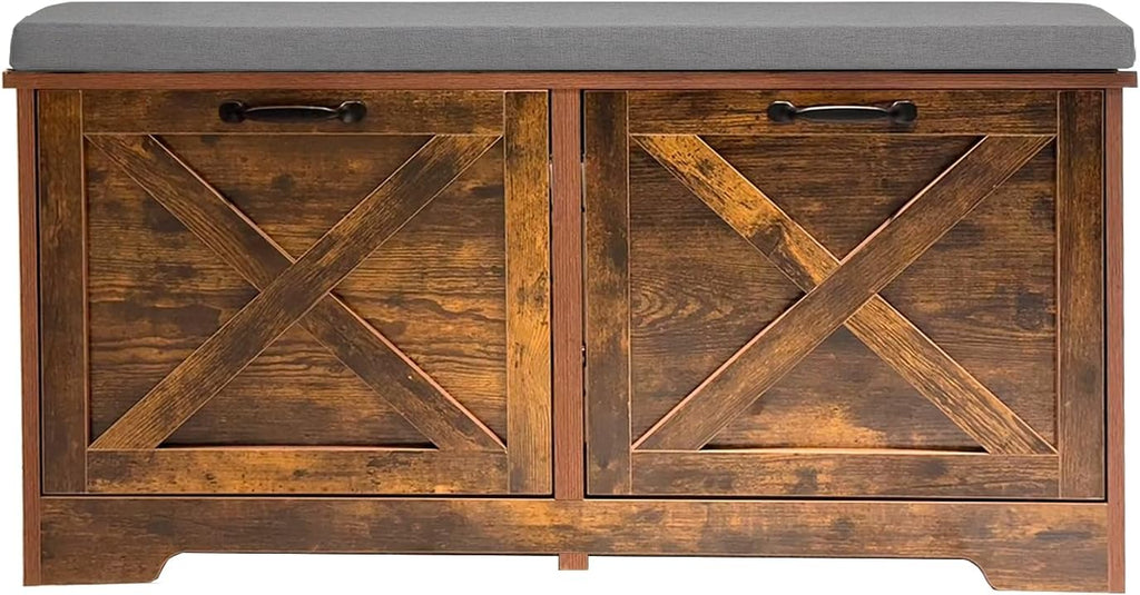 Shoe Storage Bench with 2 Flip Drawers & Barn Doors, Entryway Shoe Cabinet with Adjustable Shelves and Cushioned Seat,Shoe Organizer Storage Bench for Hallway, Living Room, Bedroom, Brown
