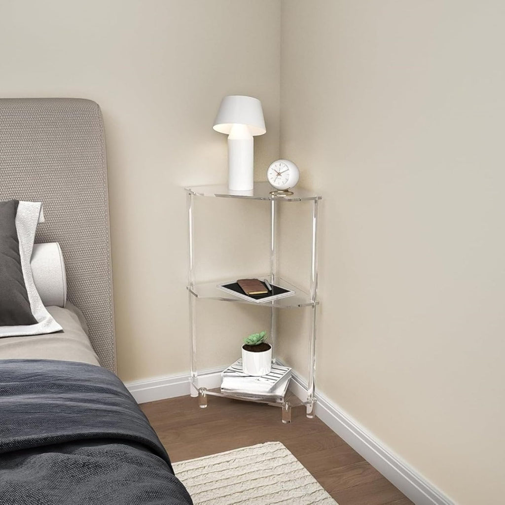 65cm / 25.6in Clear Acrylic Triangle End Table,3 Tier Acrylic Corner Side Table with Tempered Glass Shelfr,for Living Room Bedroom, Corner Display Rack Storage