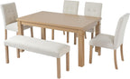 Merax 6-Piece Dining Set, Rectangle Kitchen Table with 4 Upholstered Chairs & Bench, Ideal for Dining Room and Living Room, Natural
