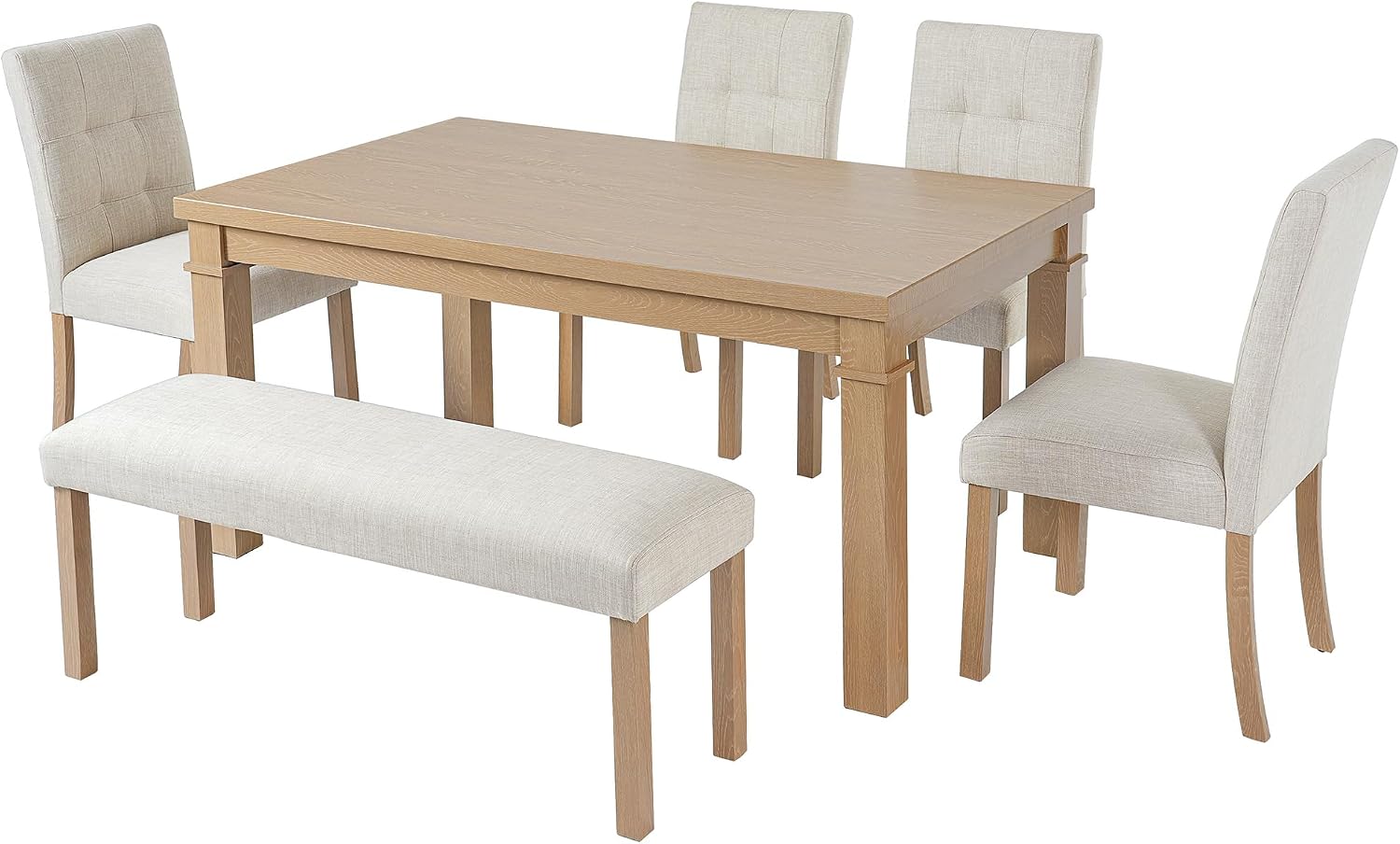 Merax 6-Piece Dining Set, Rectangle Kitchen Table with 4 Upholstered Chairs & Bench, Ideal for Dining Room and Living Room, Natural