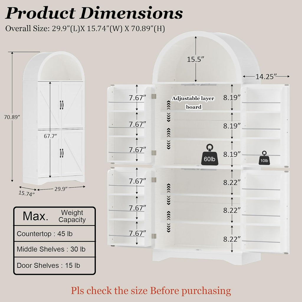 70" Tall Arched Pantry Cabinet, Kitchen Cupboard with Barn Doors, Adjustable Shelves & 3-Color Human Sensor LED Lights for Kitchen/Living Room, White