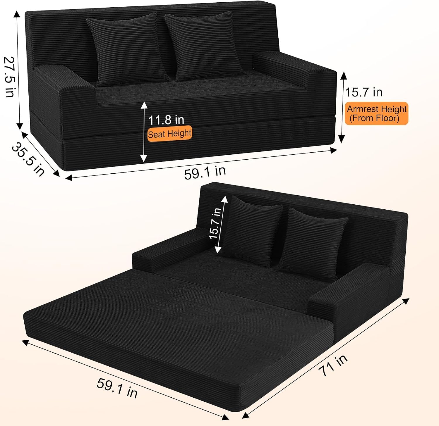 MeMoreCool 59" Couch Bed, Loveseat Futon Sofa, Small Space, Black | 59 in loveseat, opens to a 59 x 71 in bed - 9 in shorter than a queen; corduroy cover, 700 lb