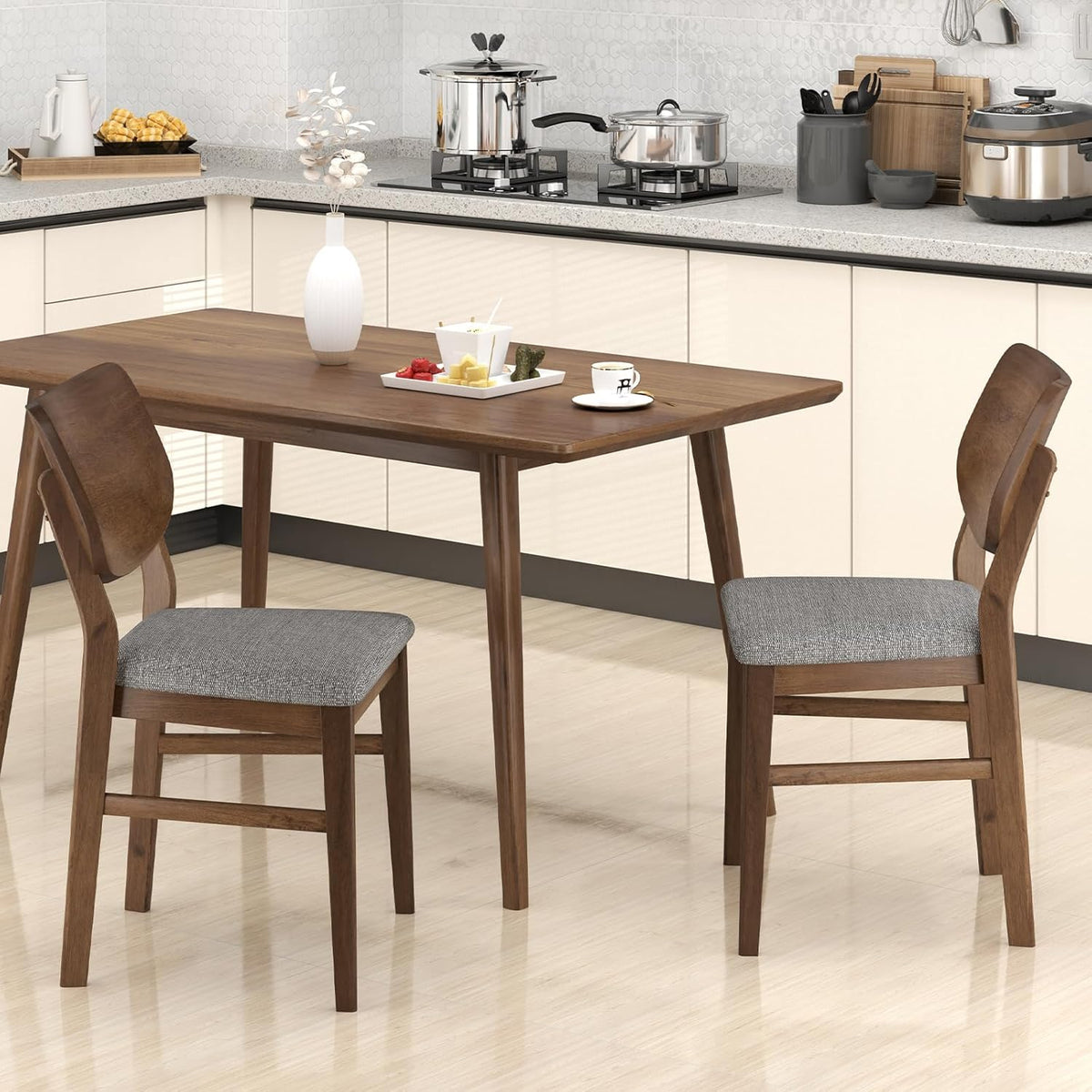Giantex Wooden Dining Chairs Set of 4, Farmhouse Upholstered Kitchen Chairs w/Rubber Wood Frame, Gray Padded Seat, Curved Back, Armless Fabric Side Chairs for Dining Room, Living Room