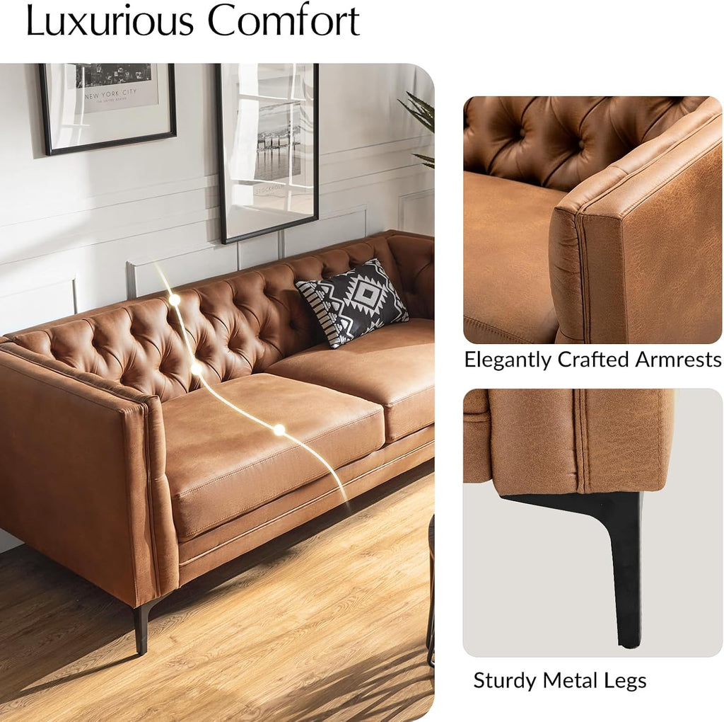HULALA HOME 84" Faux Leather Sofa, Mid Century Modern 3 Seater Couch, Camel | Button-Tufted Sofa with Metal Legs, Square Armrests, Supportive Cushions, Easy Assembly, for Living Room Bedroom Apartment