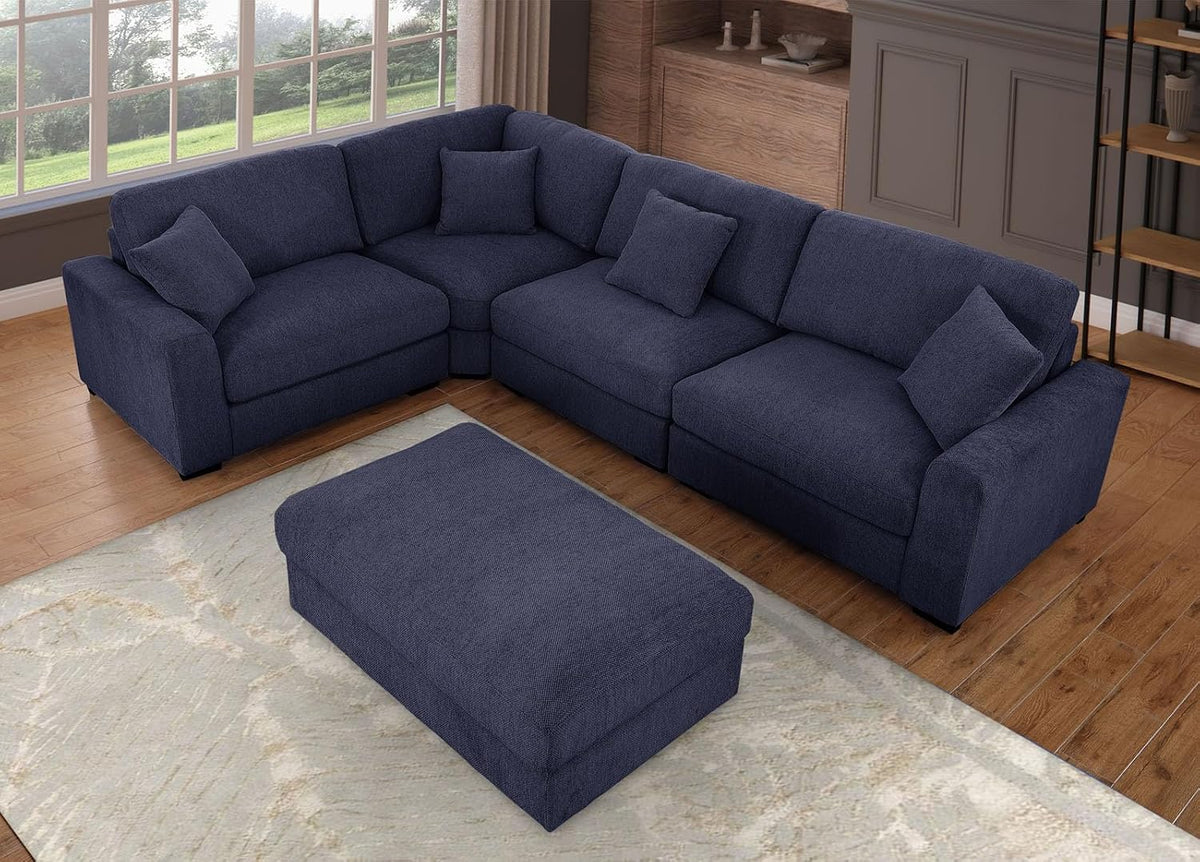 asunflower Ottoman for Living Room Navy Blue 45.8" x 28.7" Large Rectangle Ottoman Foot Rest Plush Chenille Upholstery Oversized Ottomans Bench with Wooden Legs for Sofa Couch