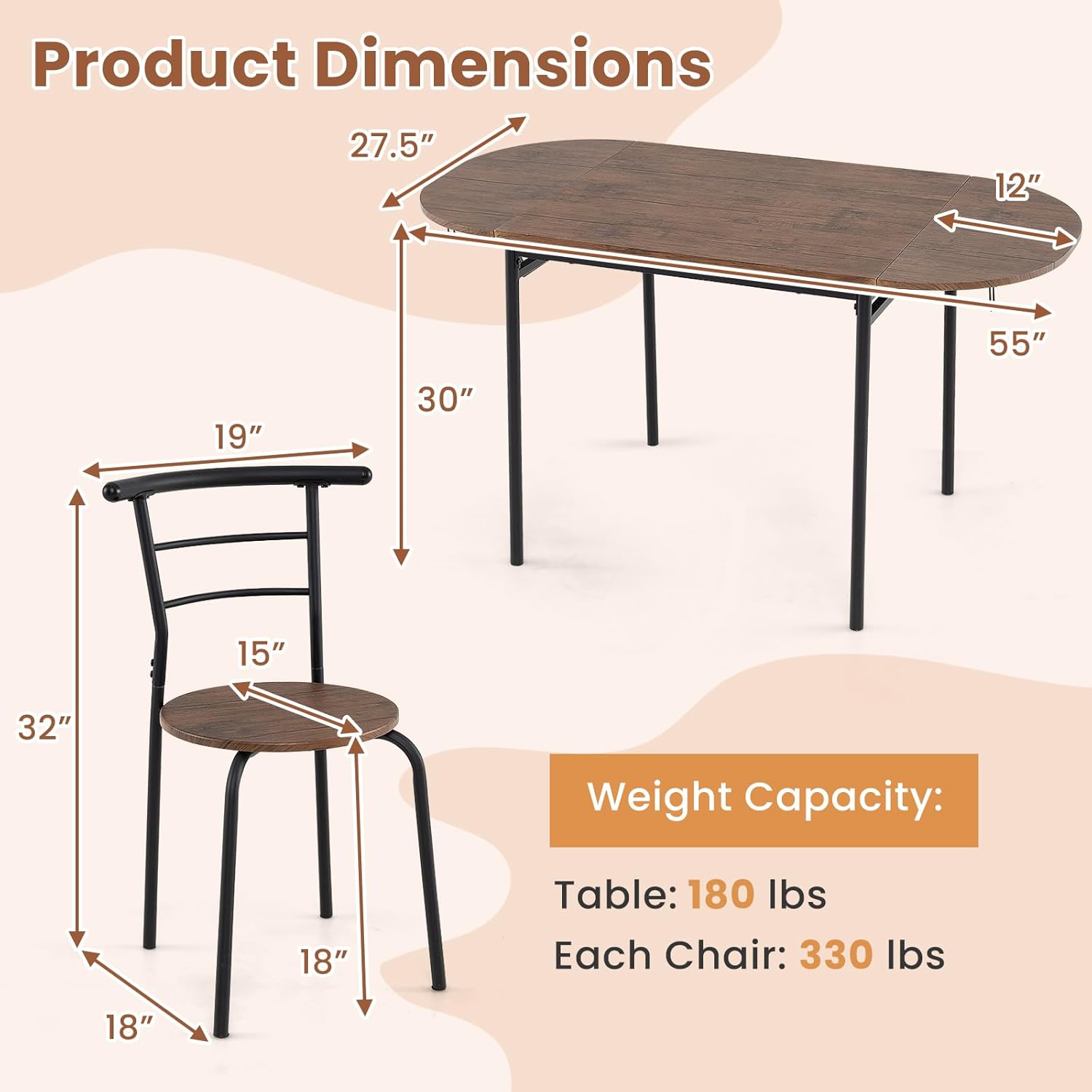 Giantex 3-Piece Dining Table Set for 2, 55-inches Drop Leaf Kitchen Table with Dining Chairs, Metal Frame, Space-Saving Breakfast Nook Set for Small Space, Dinner, Dinette, Apartment, Dorm Room
