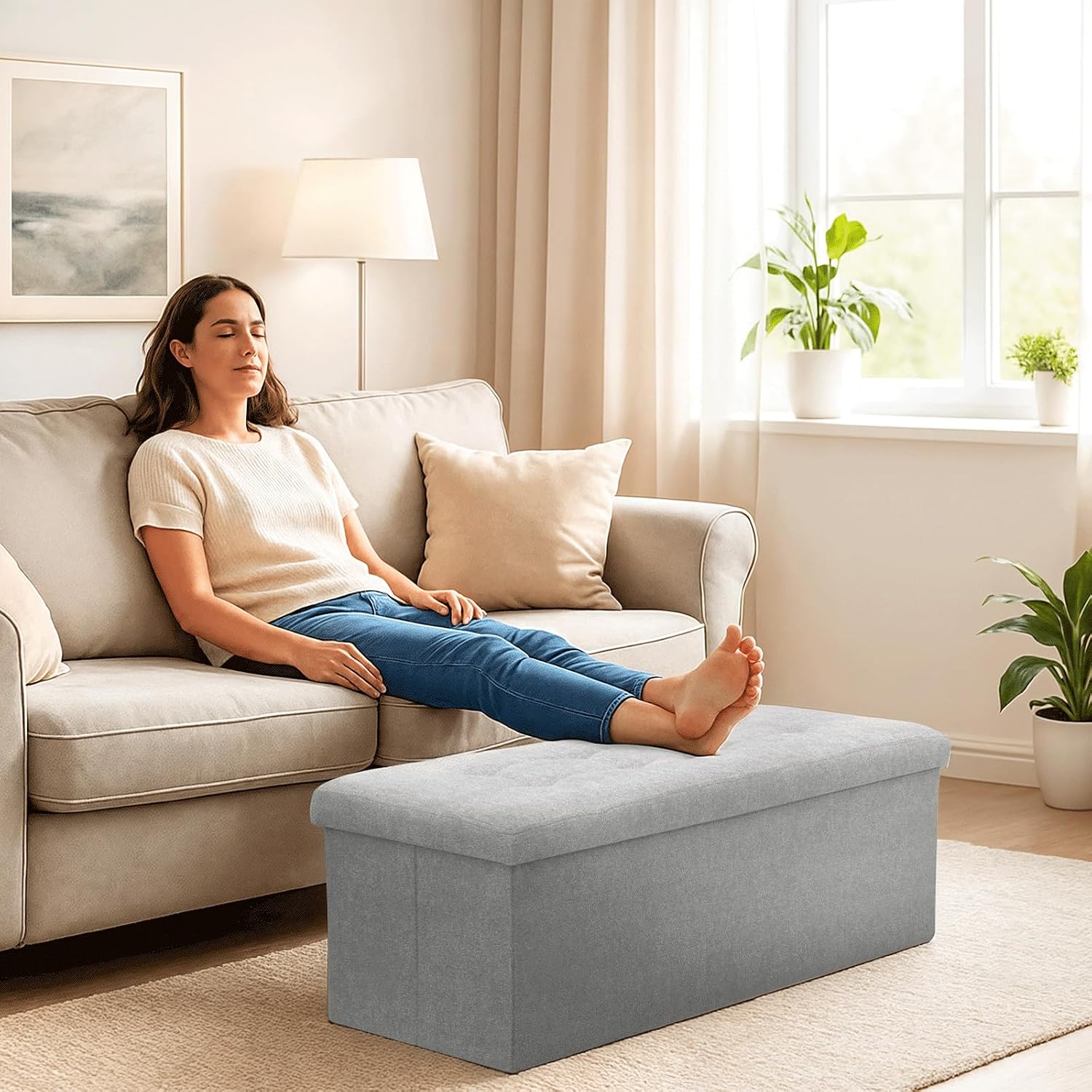 Storage Ottoman Bench, 43 Inch Ottoman Foot Rest, End of Bed Bench, Storage Chest for Living Room, Bedroom, Entryway, Light Gray