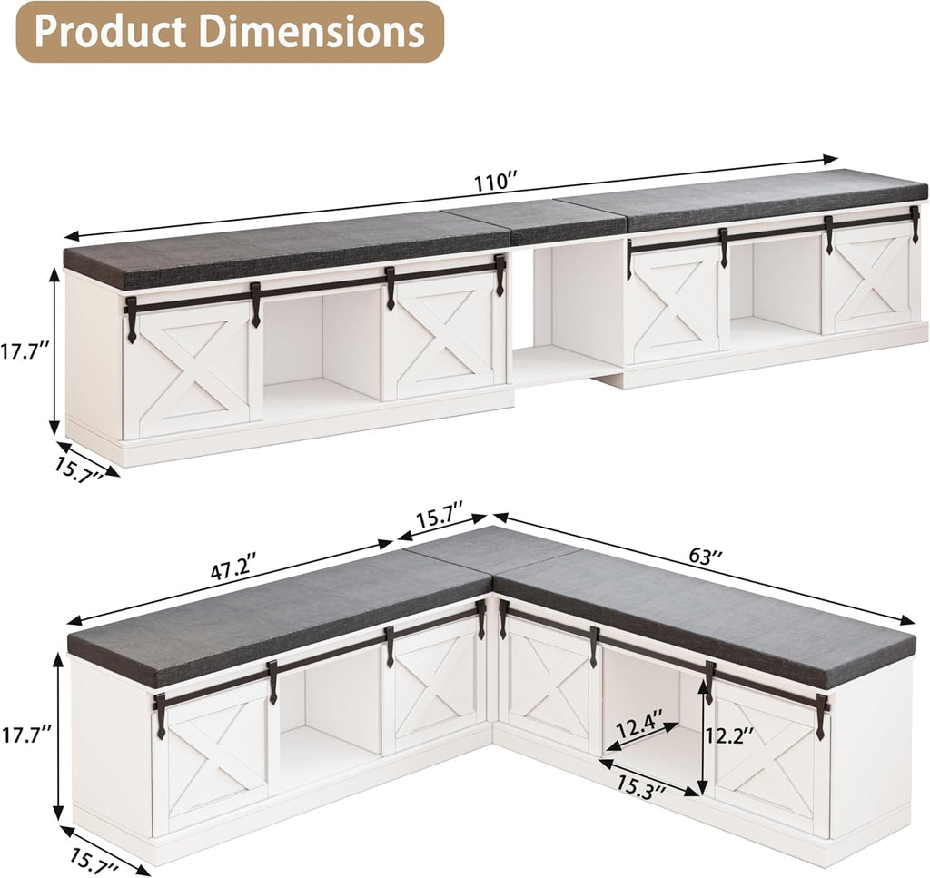 L Shaped Corner Bench with Storage, Farmhouse Breakfast Nook with Cushion & Sliding Barn Door, Entryway Shoe Storage Bench, Kitchen, Dining Room, Living Room, White & Grey