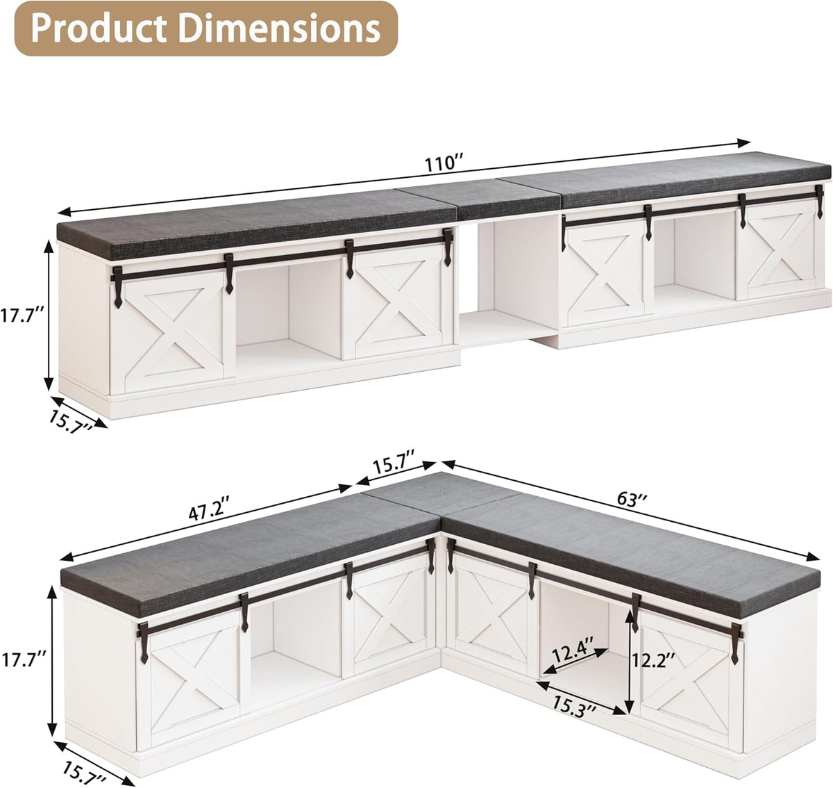 L Shaped Corner Bench with Storage, Farmhouse Breakfast Nook with Cushion & Sliding Barn Door, Entryway Shoe Storage Bench, Kitchen, Dining Room, Living Room, White & Grey