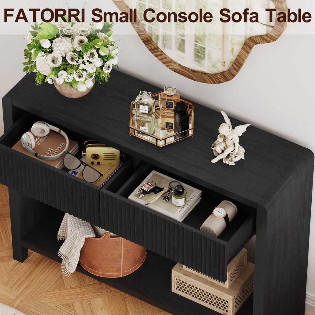 FATORRI Console Entryway Table, Modern Sofa Table with 2 Drawers for Living Room, 39.37 inch Narrow Wood Hallway Tables and Couch Tables Behind Sofa for Small Space (Black)