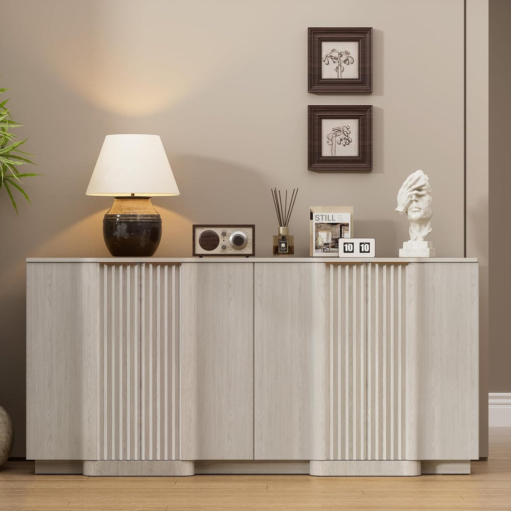 Brafab Buffet Cabinet, 55" Modern Farmhouse Accent Sideboard Cabinet with 4 Doors, Wood Fluted Credenza for Living Room and Kitchen, White