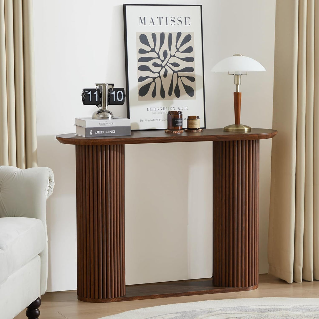 AVZEAR Fluted Entryway Console Table with Storage Shelf, Oval Curved Mid Century Couch Table Behind Sofa Console Tables Long and Skinny for Living Room Hallway Entrance Foyer, Walnut