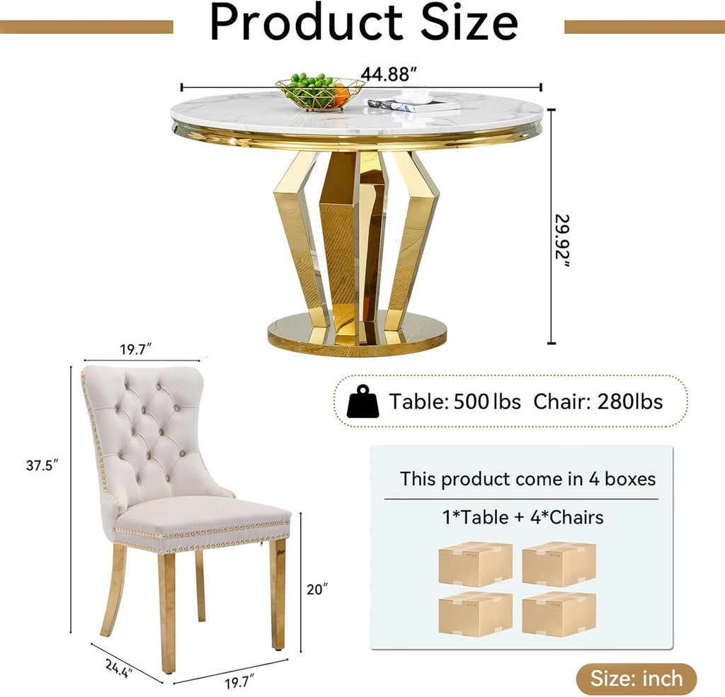 44.88" Round Dining Table Set, Luxury Diamond-Shape Dining Room Table with Faux Marble Top & 4 Beige Tufted Velvet Chairs, White&Gold Circle Kitchen Table and Chairs Set with Stainless Steel Base