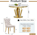 44.88" Round Dining Table Set, Luxury Diamond-Shape Dining Room Table with Faux Marble Top & 4 Beige Tufted Velvet Chairs, White&Gold Circle Kitchen Table and Chairs Set with Stainless Steel Base
